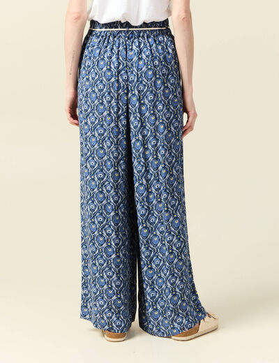 Pantalon large ceinturé bleu femme