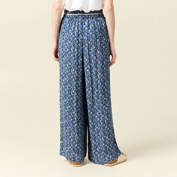 Pantalon large ceinturé bleu femme