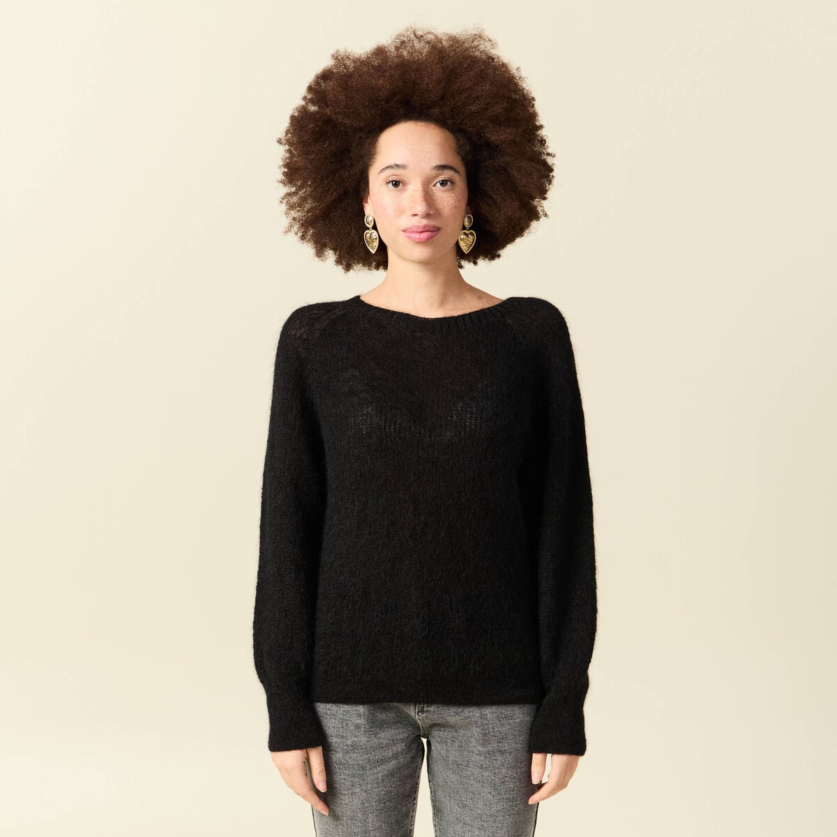 Pull manches longues col rond noir femme