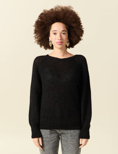 Pull manches longues col rond noir femme