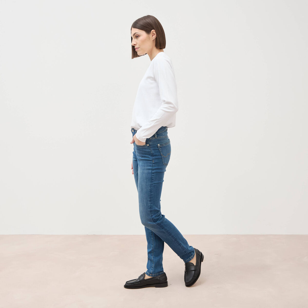 Jeans slim taille haute denim stone femme