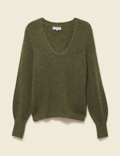 Pull col V manches longues vert kaki femme