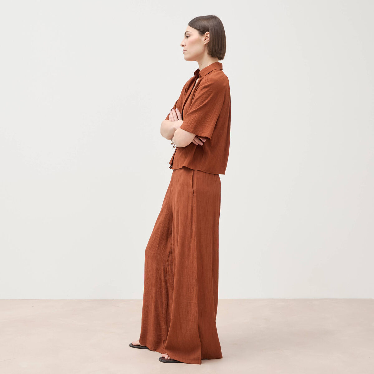 Blouse manches courtes fluide marron femme