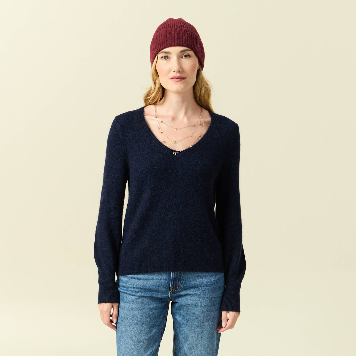 Pull col V manches longues bleu marine femme
