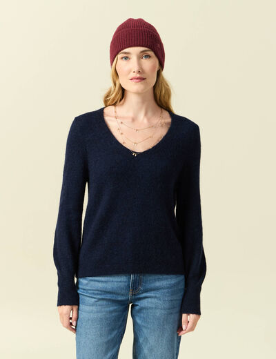 Pull col V manches longues bleu marine femme