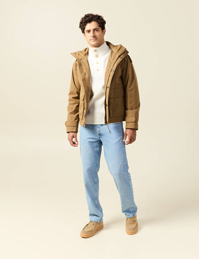 Parka droite courte &agrave; capuche beige homme