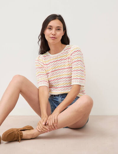 Pull col bateau manches courtes rose femme