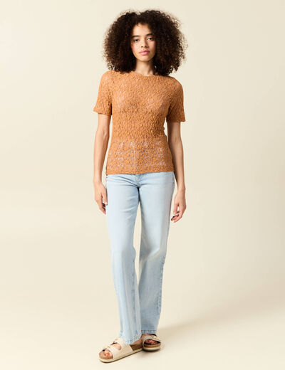 T-shirt cintré col rond dentelle terracotta femme