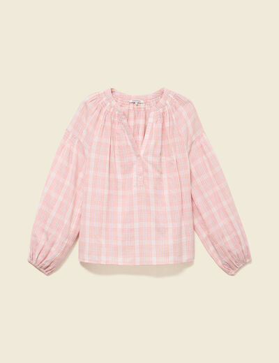 Blouse en coton &agrave; carreaux blanc femme