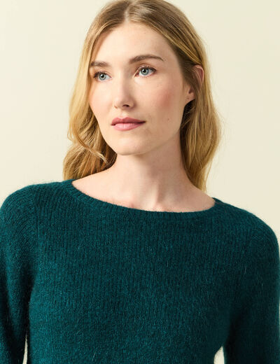 Pull col bateau manches longues vert fonc&eacute; femme