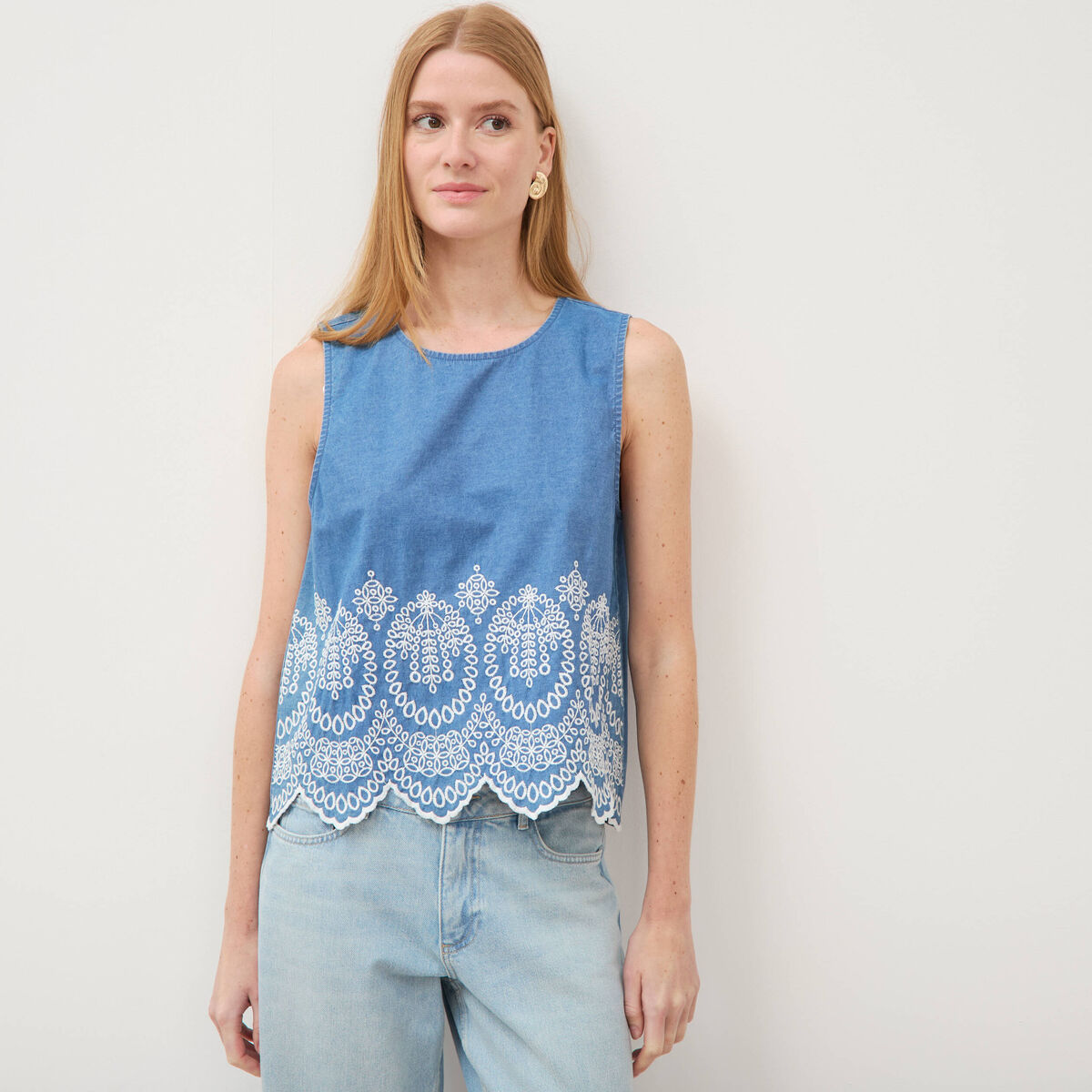 Top en jeans sans manches col rond bleu clair femme