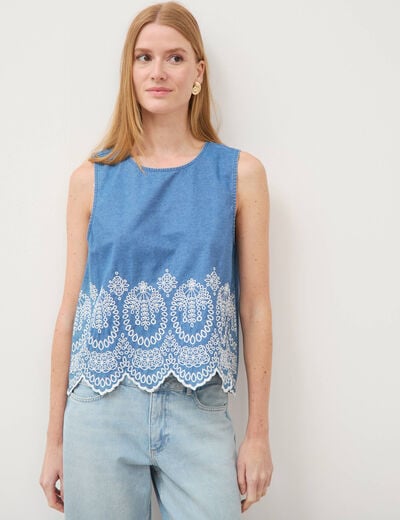 Top en jeans sans manches col rond bleu clair femme