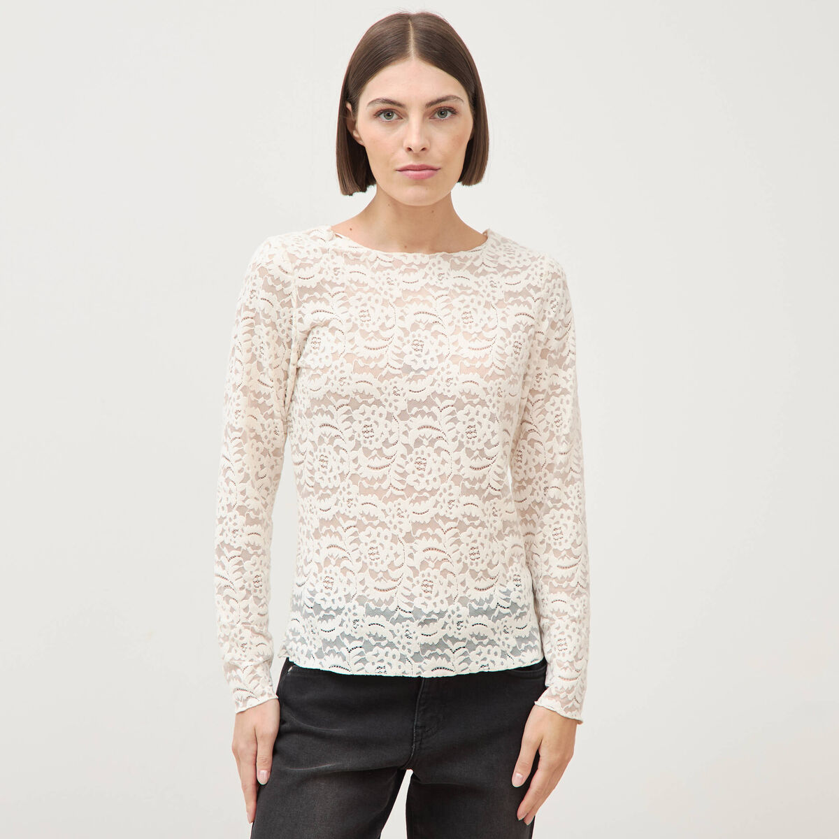 Blouse droite col bateau dentelle ivoire femme