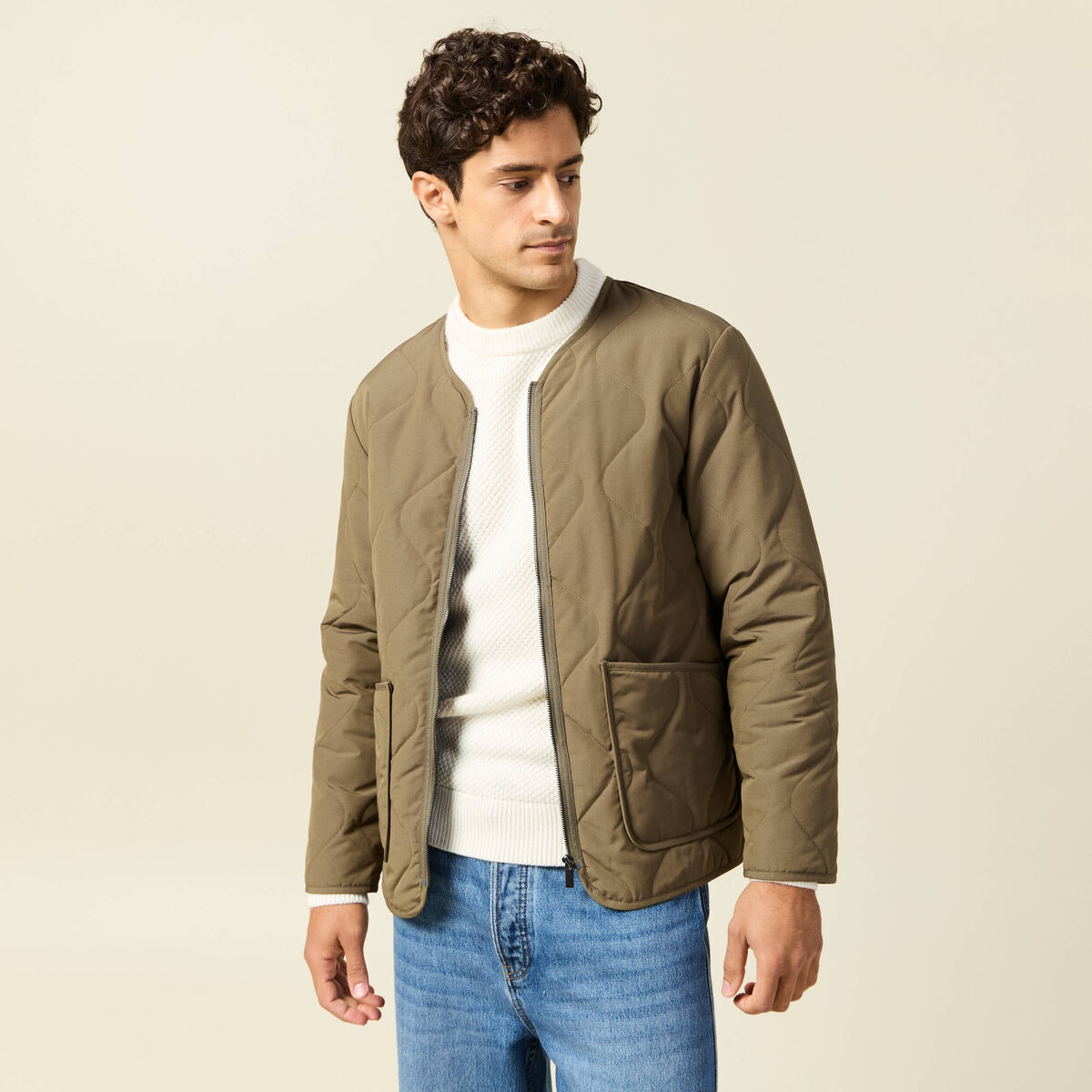 Doudoune manches longues doubl&eacute;e vert kaki homme