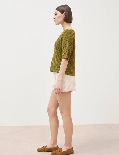 Pull col rond manches courtes vert kaki femme