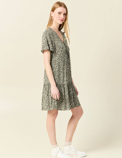 Robe évasée manches courtes vert kaki femme