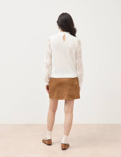 Pull droit col &agrave; volants manches longues ecru femme
