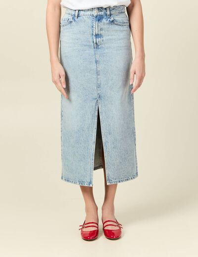 Jupe midi droite en jean denim bleach femme