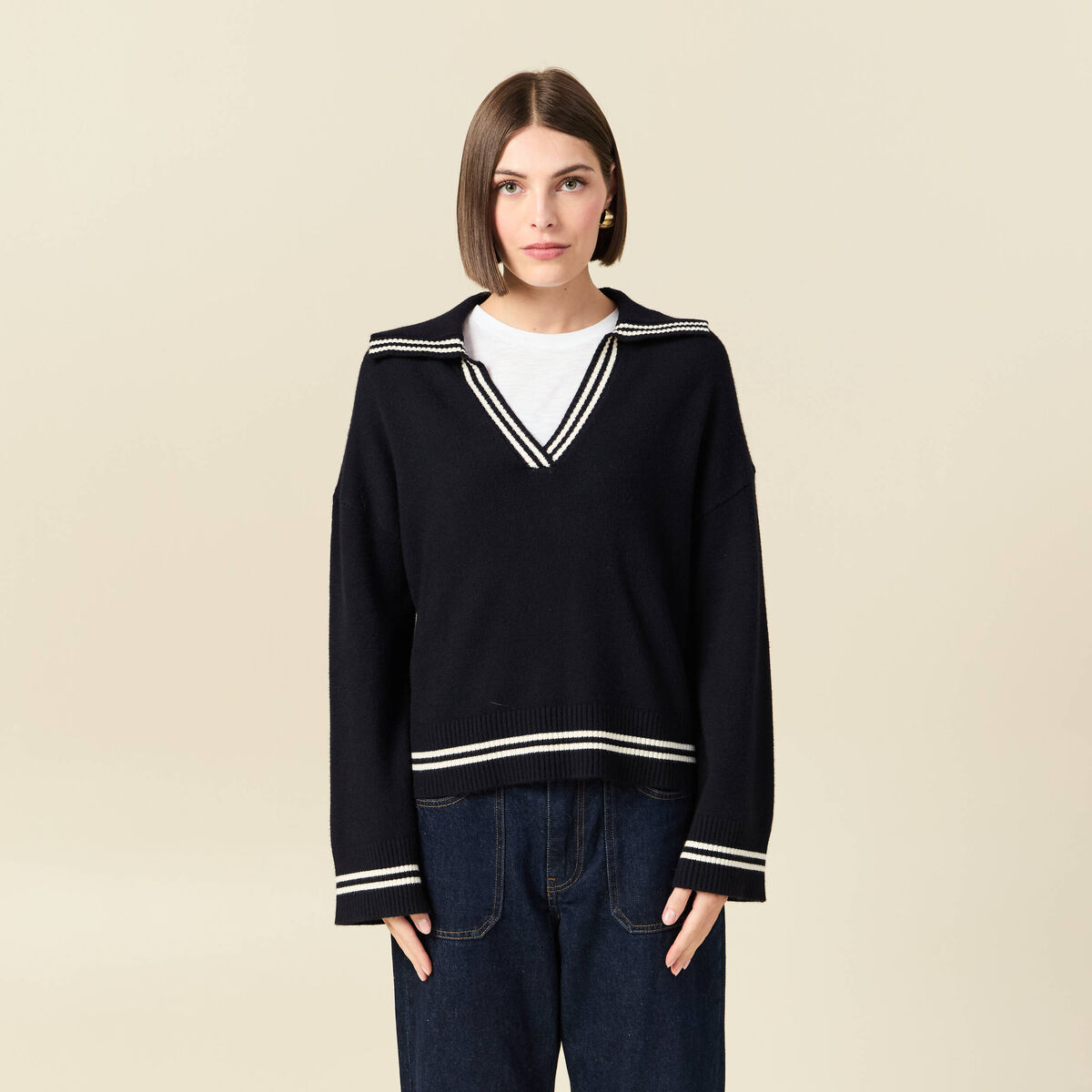 Pull col polo manches longues bleu marine femme