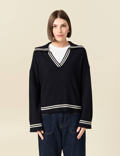 Pull col polo manches longues bleu marine femme