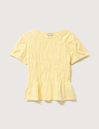 T-shirt fronc&eacute; col rond manches courtes jaune pastel femme