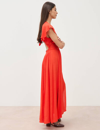 Robe col v manches courtes orange fonc&eacute; femme