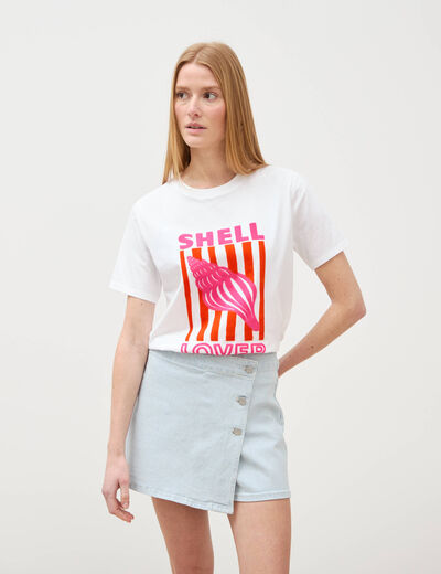 Jupe-short taille haute en jeans denim bleach femme