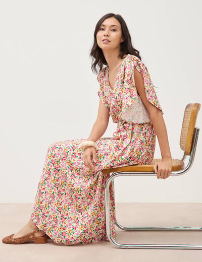 Robe fluide col v manches courtes multicolore femme