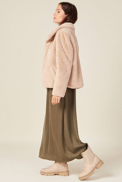 Manteau droit fausse fourrure beige femme