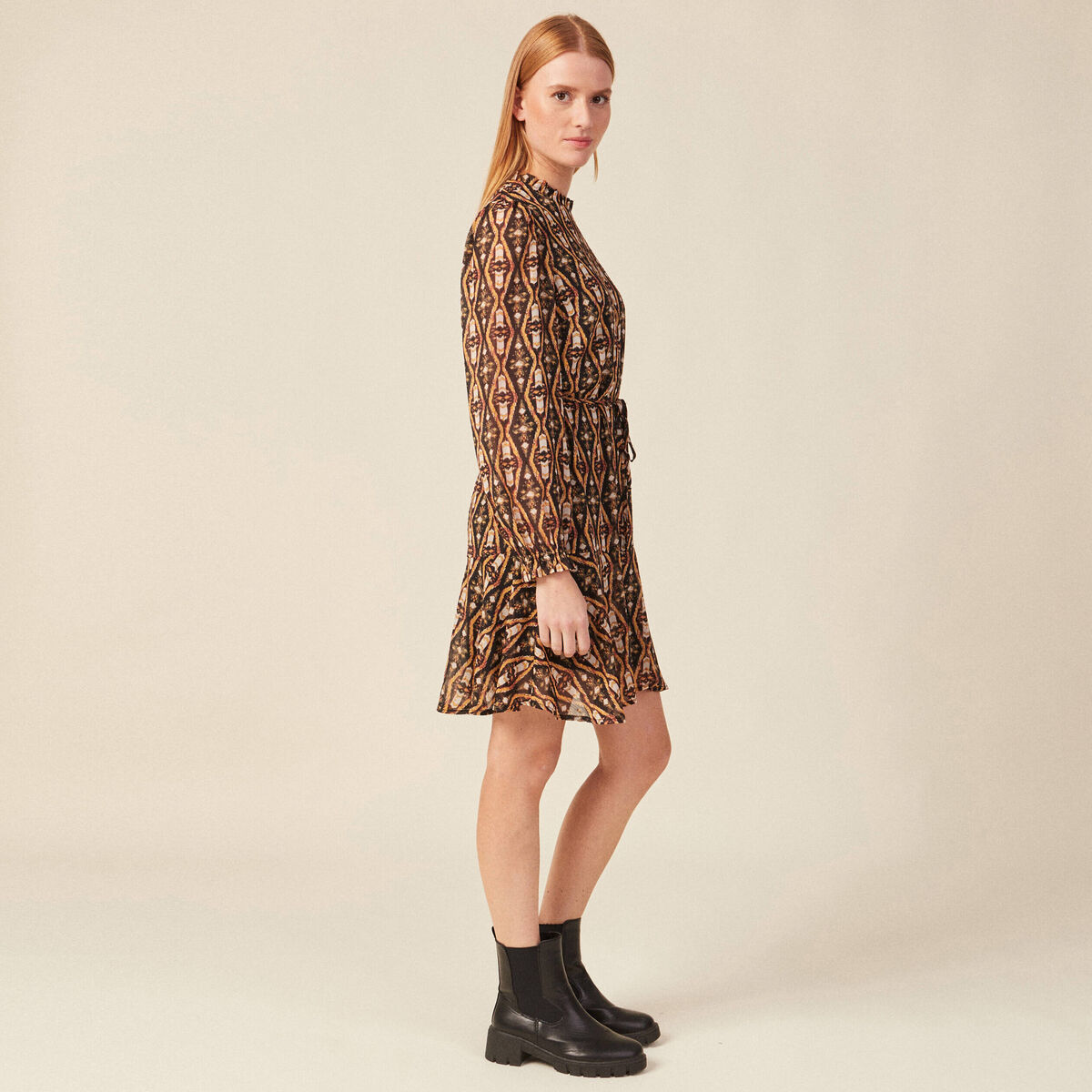 Robe trapèze col montant camel femme