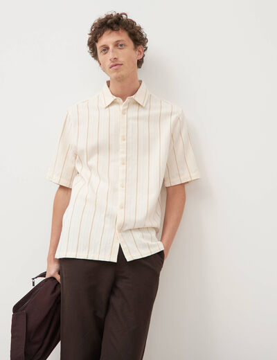 Chemise ray&eacute;e manches courtes ecru homme