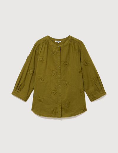 Chemise en coton manches 3/4 vert kaki femme