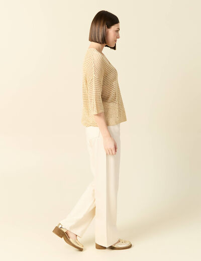 Pull manches courtes ajouré creme femme