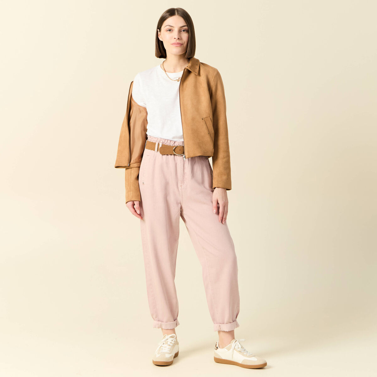 Blouson su&eacute;dine col clout&eacute; beige femme