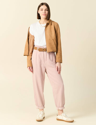 Blouson suédine col clouté beige femme