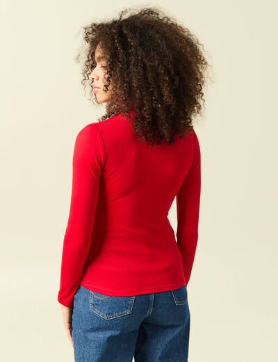 T-shirt cintr&eacute; manches longues col roul&eacute; rouge femme
