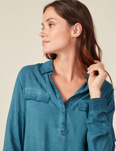 Blouse manches longues poches bleu pétrole femme