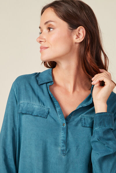 Blouse manches longues poches bleu pétrole femme