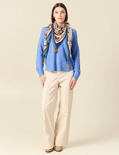 Pull manches longues col en V bleu ciel femme