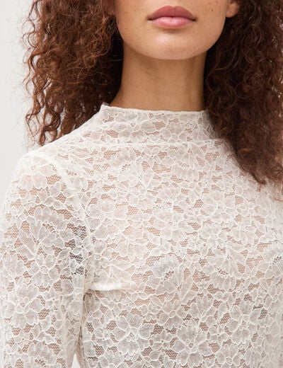 T-shirt ajust&eacute; dentelle manches longues ecru femme