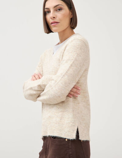 Pull droit col v manches longues creme femme