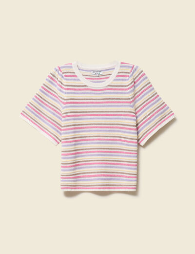 Pull droit court col rond manches coude violet clair femme