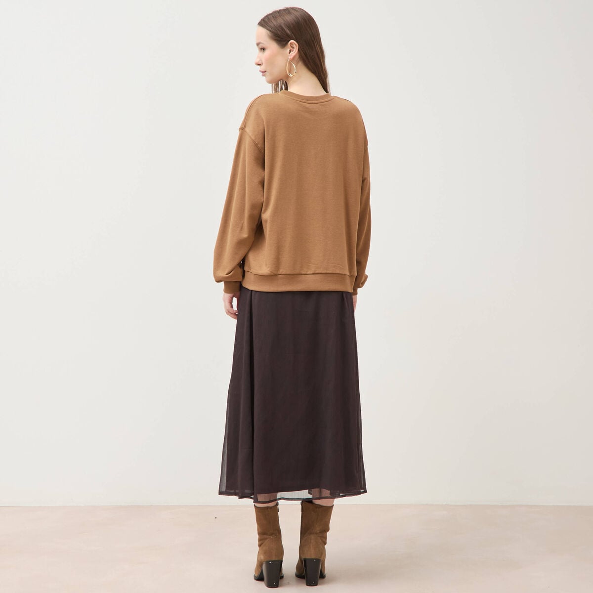 Sweat col rond manches longues marron femme