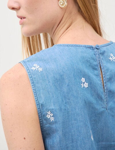 Top en jeans sans manches col rond bleu clair femme