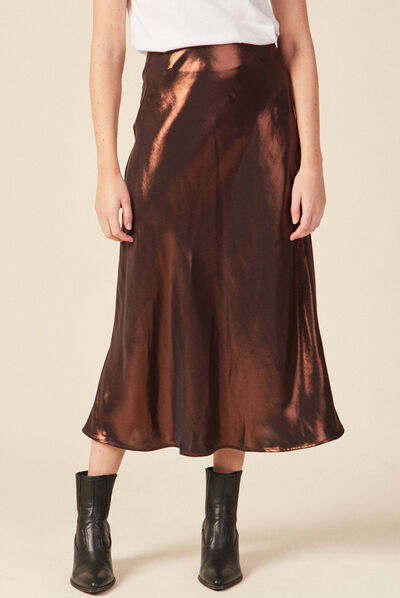 Jupe midi évasée métallisée marron cognac femme