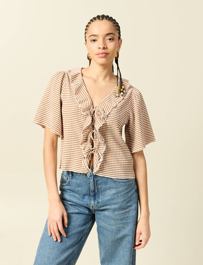 T-shirt col V &agrave; volants manches courtes marron clair femme