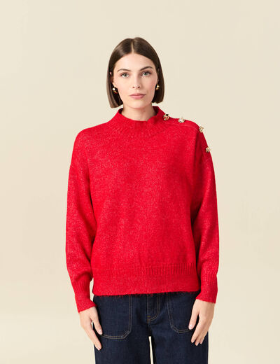 Pull col montant manches longues rouge femme