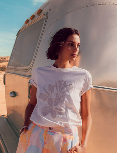T-shirt manches courtes brodé creme femme