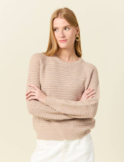 Pull manches longues sequins rose clair femme