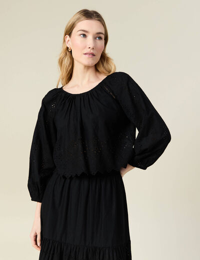Blouse manches 3/4 brodée noir femme